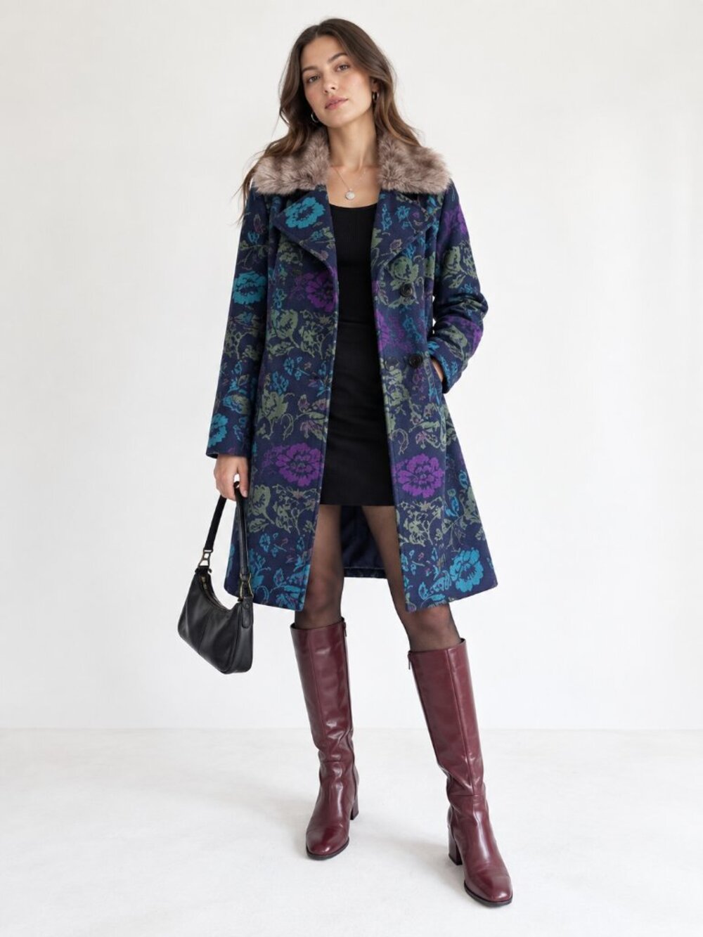 Merona Floral Tapestry Coat Faux Fur Collar Wool Blend L Whimsigoth